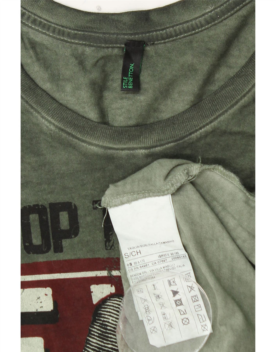 Мужской топ с рисунком BENETTON, зеленый хлопок с длинным рукавом, маленький размер