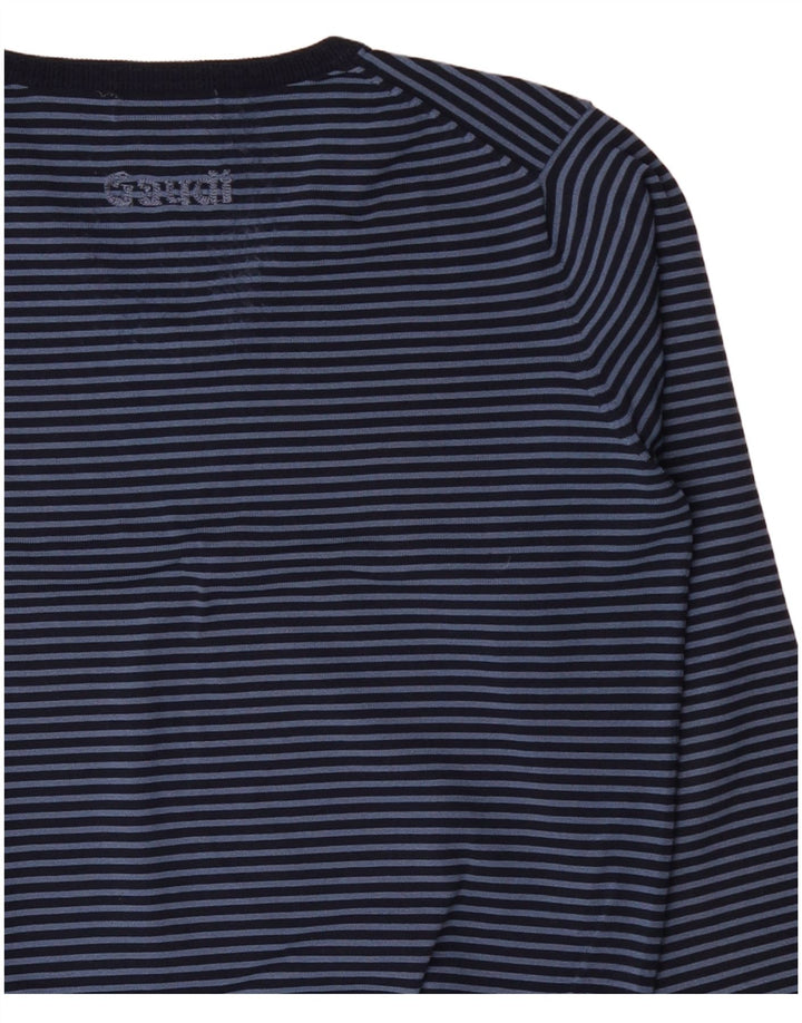 GAUDI Mens V-Neck Jumper Sweater Large Navy Blue Striped Viscose