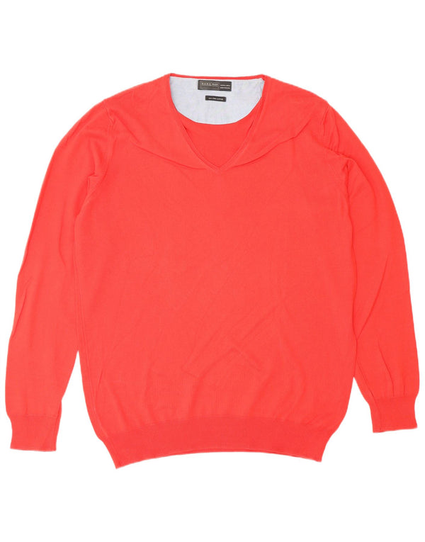 Мужской джемпер с v-образным вырезом ZARA, большой красный хлопковый свитер