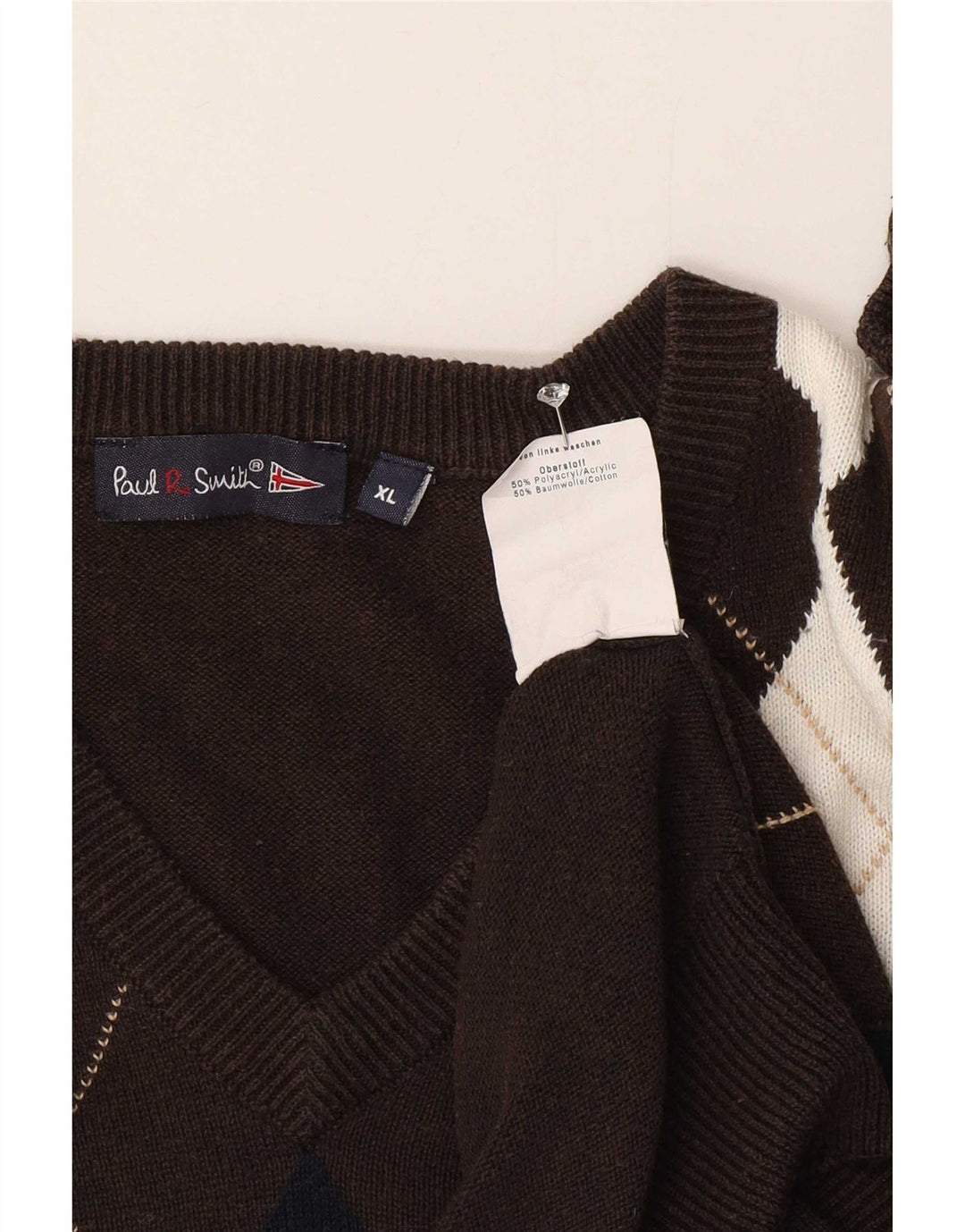 Мужской джемпер с v-образным вырезом Paul Smith, размер XL, коричневый с аргайлом/бриллиантом