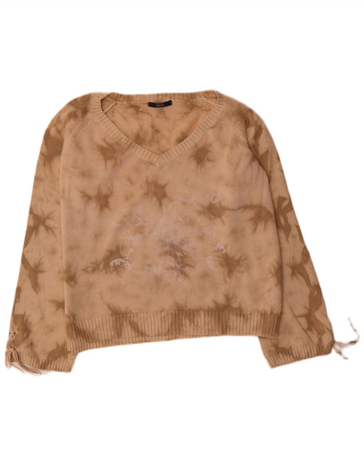 Женский джемпер с v-образным вырезом и графикой Marks & Spencer, Великобритания 20, 2XL, бежевый, хлопок