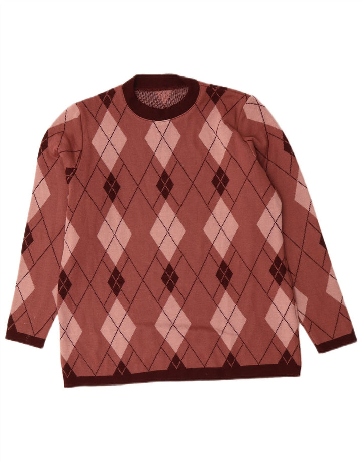 ВИНТАЖНЫЙ женский джемпер с круглым вырезом, Великобритания, 16, большой розовый с ромбами