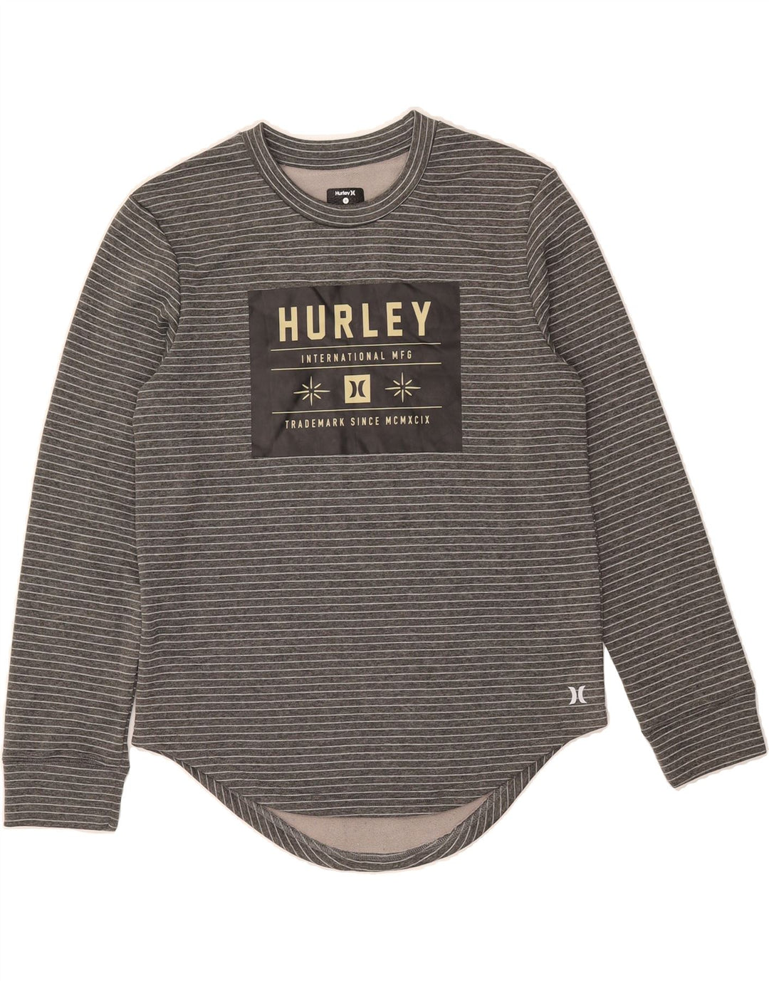 HURLEY Womens Graphic Top Long Sleeve UK 10 Small Grey Striped Polyester Vintage Hurley and Second-Hand Hurley from Messina Hembry 