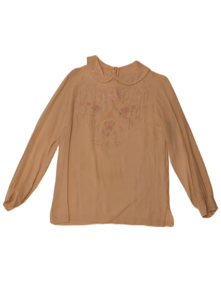 ВИНТАЖНАЯ женская блузка-рубашка с длинным рукавом EU 36, маленькая, бежевый, шелковый цветочек