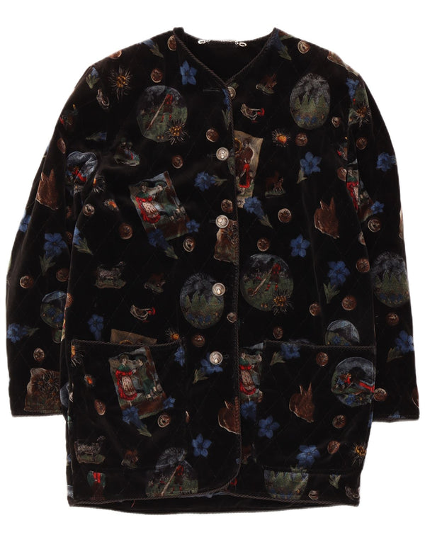 Винтажное женское бархатное пальто с рисунком UK 12, средний черный с цветочным принтом