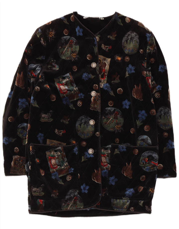 Винтажное женское бархатное пальто с рисунком UK 12, средний черный с цветочным принтом