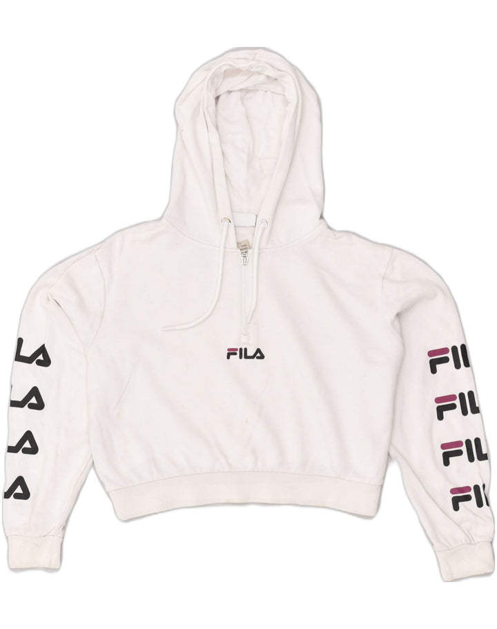FILA Womens Crop Graphic Hoodie Jumper UK 12 Medium White Cotton | Vintage Fila | Thrift | Second-Hand Fila | Used Clothing | Messina Hembry 