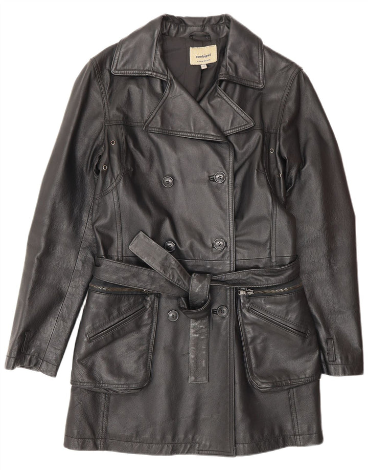 CONBIPEL Womens Double Breasted Leather Coat IT 42 Medium Black Leather