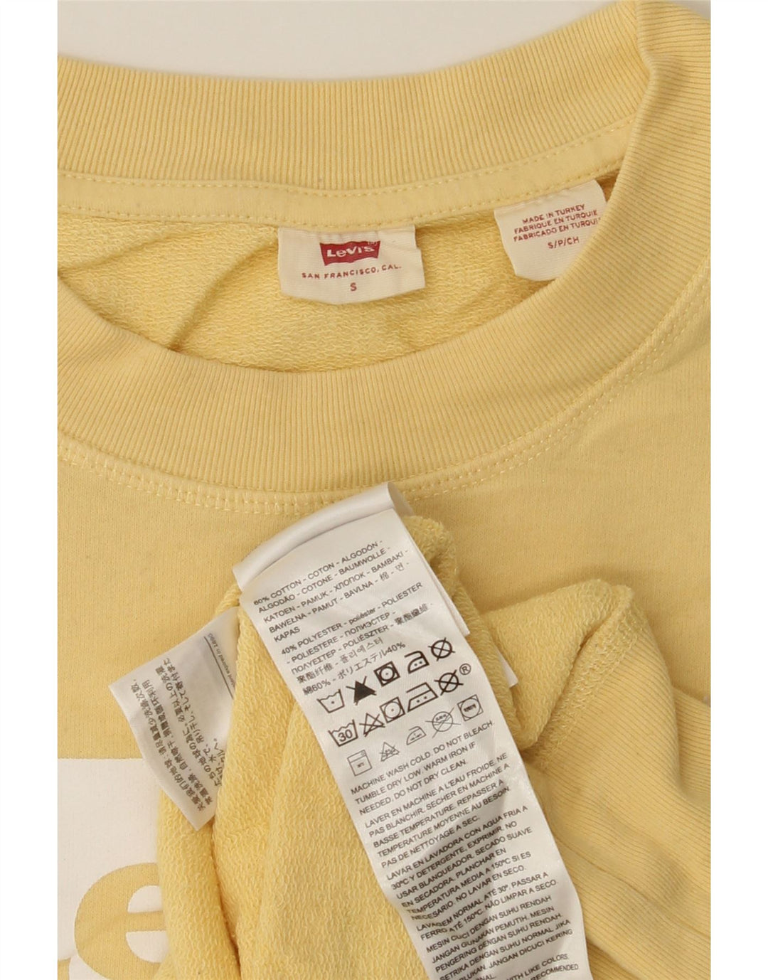 LEVI'S Womens Oversized Graphic Sweatshirt Jumper UK 10 Small Yellow Vintage Levi's and Second-Hand Levi's from Messina Hembry 