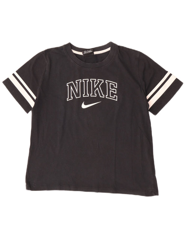 Женская укороченная футболка с графическим рисунком Nike UK 14, средний черный, хлопок с цветными блоками