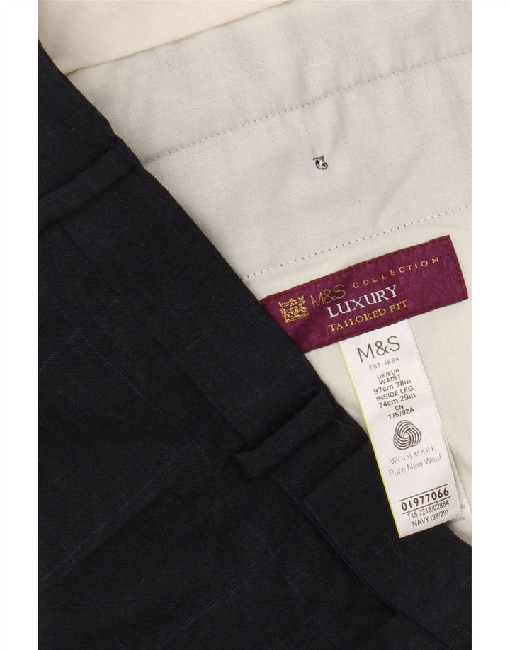 Мужские прямые костюмные брюки Marks & Spencer W38 L29 темно-синие, шерстяные в клетку