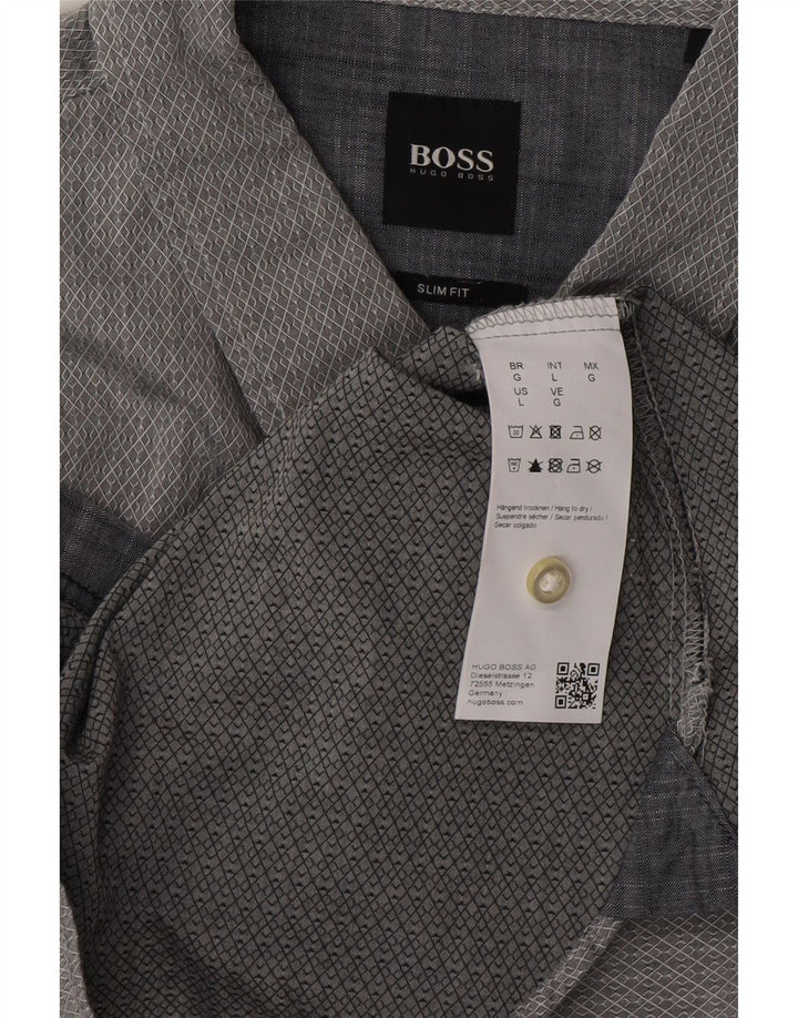 Мужская рубашка узкого кроя HUGO BOSS, большая серая хлопковая рубашка с геометрическим рисунком