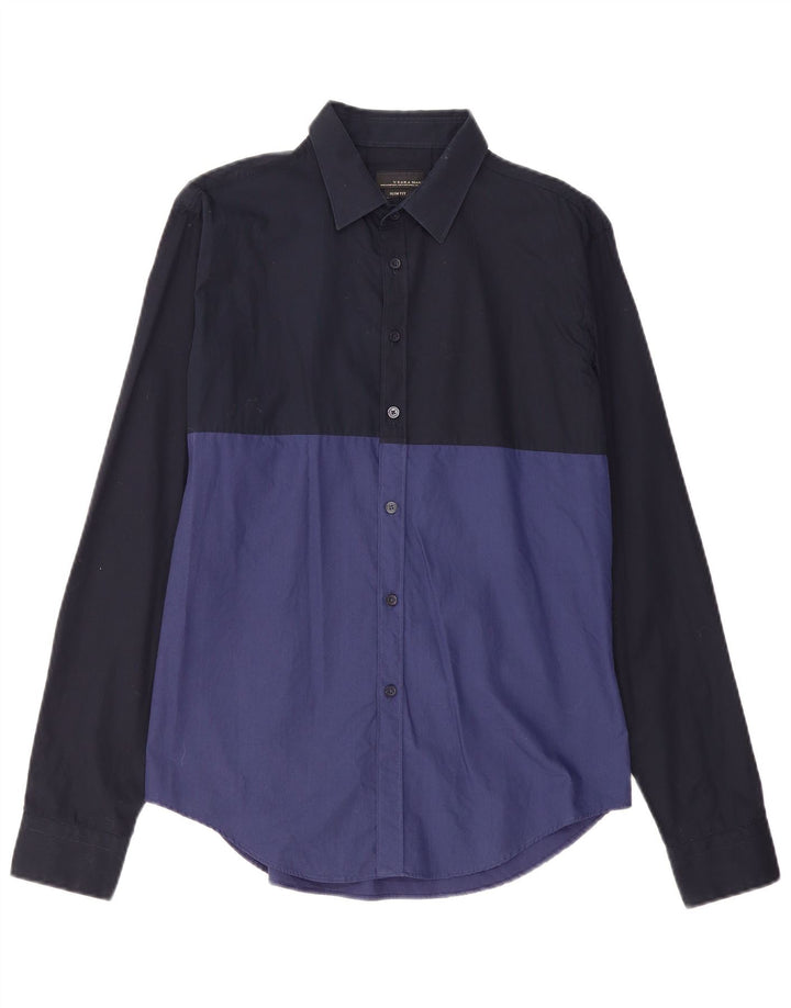 Мужская рубашка узкого кроя ZARA среднего размера, темно-синяя, с цветными блоками