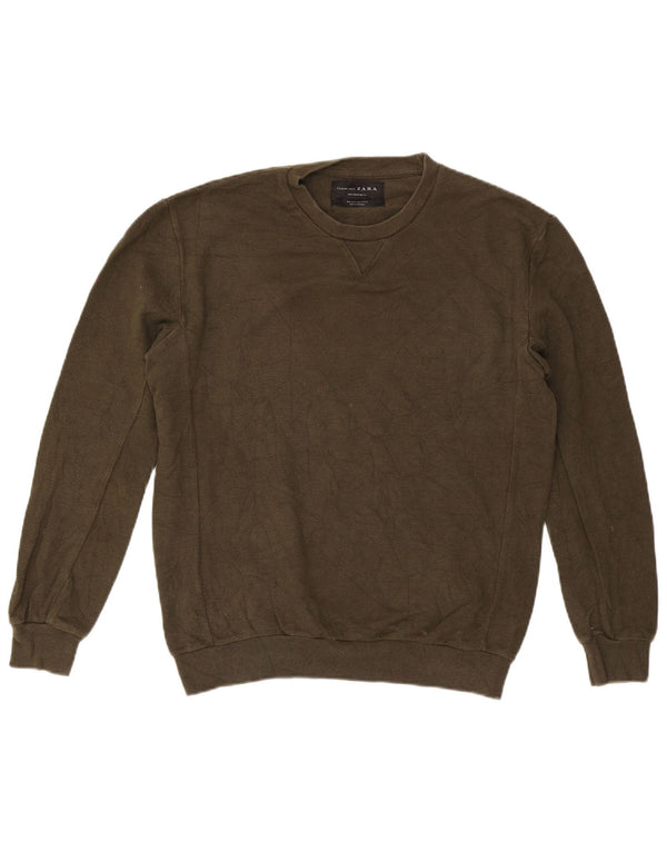 Zara Mens Crew Neck Jumper Sweater Medium Khaki Cotton