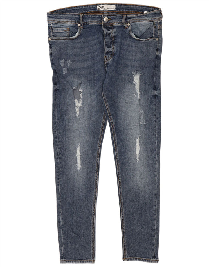 Женские потертые узкие джинсы Zara W36 L28, синий полиэстер