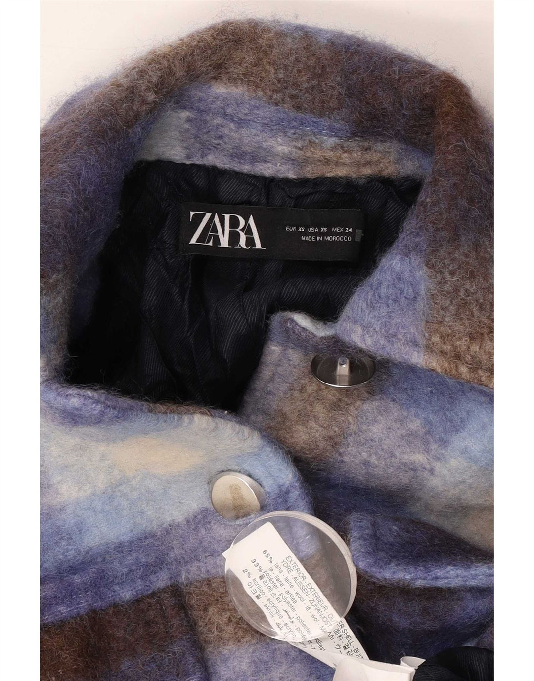 Женская куртка оверсайз Zara UK 6 XS, синяя шерстяная клетка в клетку