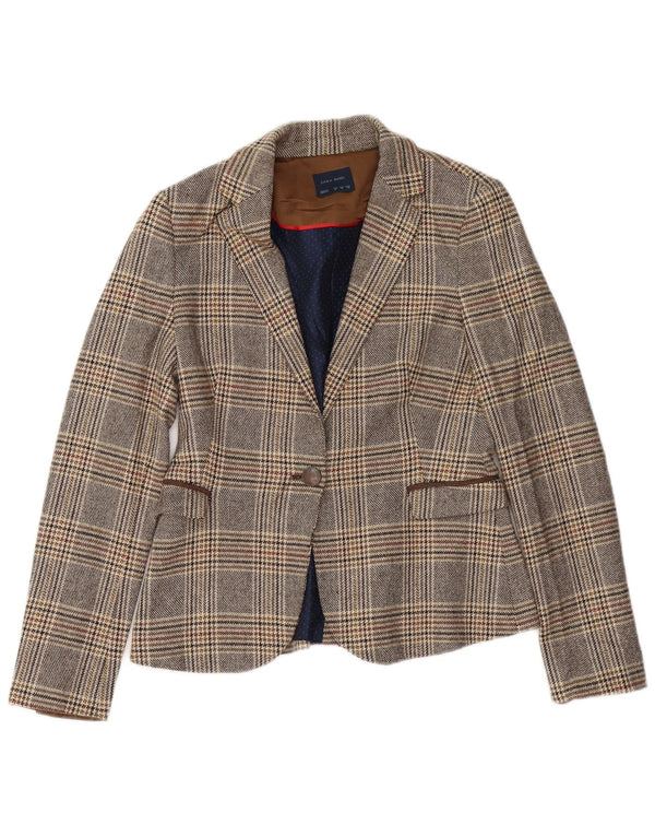 Zara Womens 1 Button Blazer Jacket UK 14 Medium Grey Check Acetate