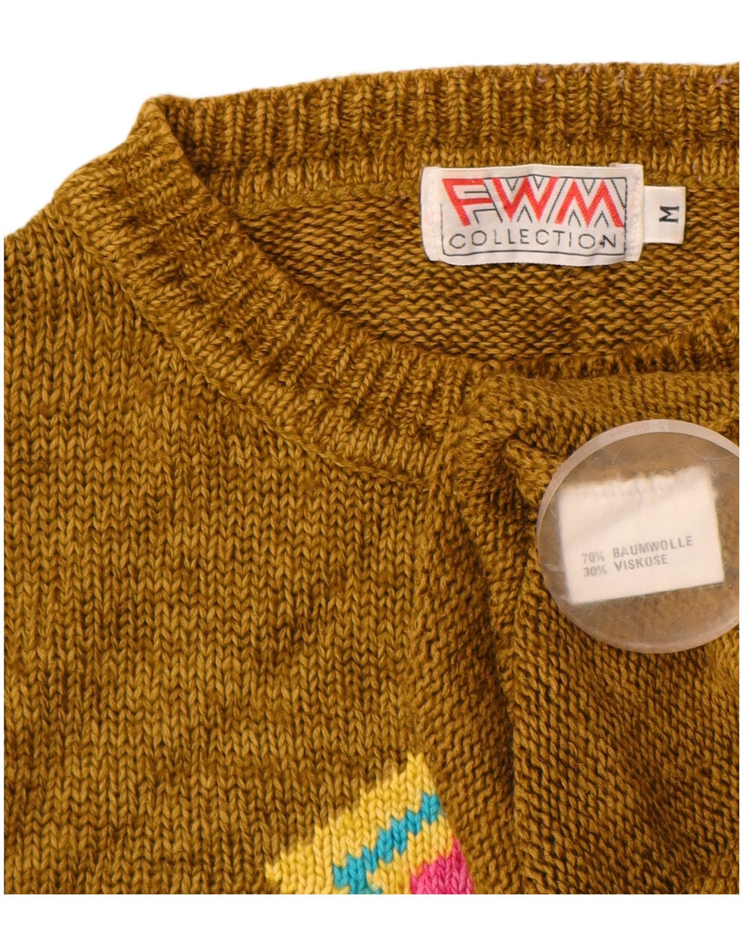 ВИНТАЖНЫЙ женский джемпер с круглым вырезом UK 14, средний хаки Argyle/Diamond