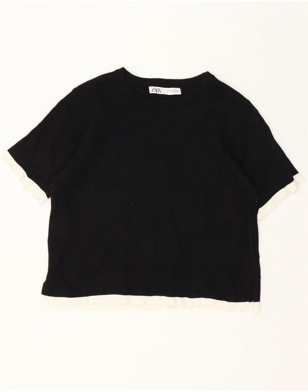 Женская укороченная футболка Zara UK 12, средний черный, вискоза с цветными блоками