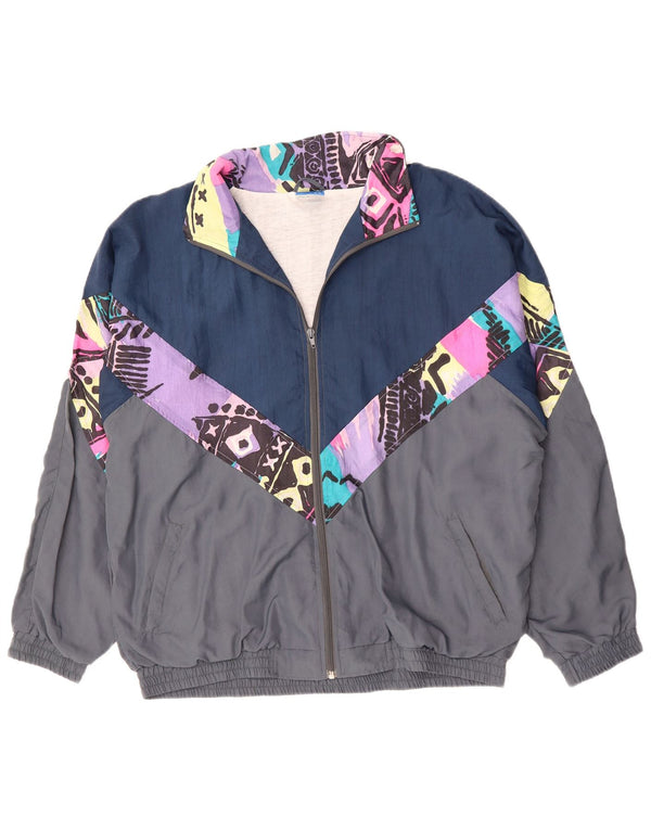 Винтажный мужской спортивный костюм, верхняя куртка XL, серый полиэстер с цветными блоками, 90-е годы
