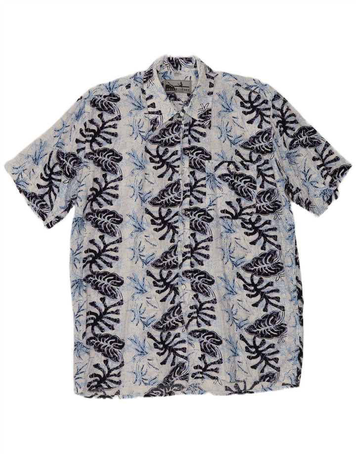 FOLLIE Мужская рубашка с коротким рукавом, размер 41/42, большая, темно-синяя, вискоза с цветочным принтом