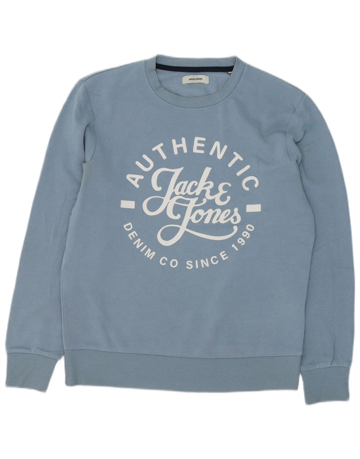 Мужской свитшот с рисунком Jack & Jones, хлопковый джемпер среднего синего цвета