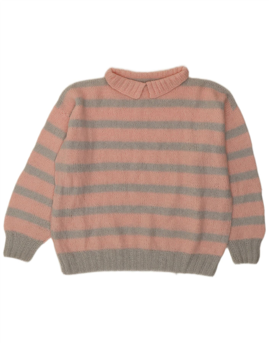 Винтажный женский джемпер с воротником поло, свитер XL в розовую полоску