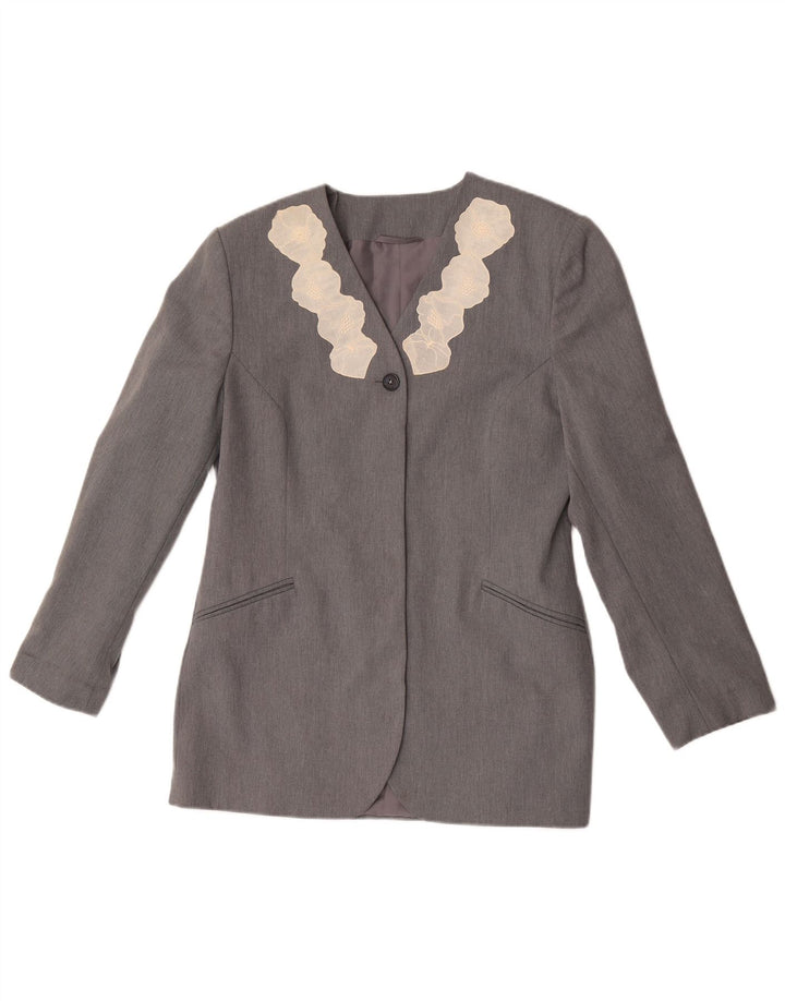 Винтажный женский пиджак на 1 пуговице, Великобритания, 12, средний серый цвет, полиэстер с цветочным принтом