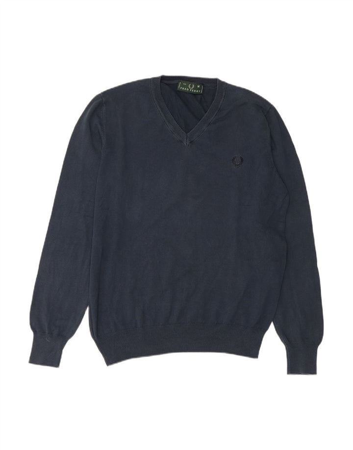 FRED PERRY Womens V-Neck Jumper Sweater UK 14 Medium Navy Blue