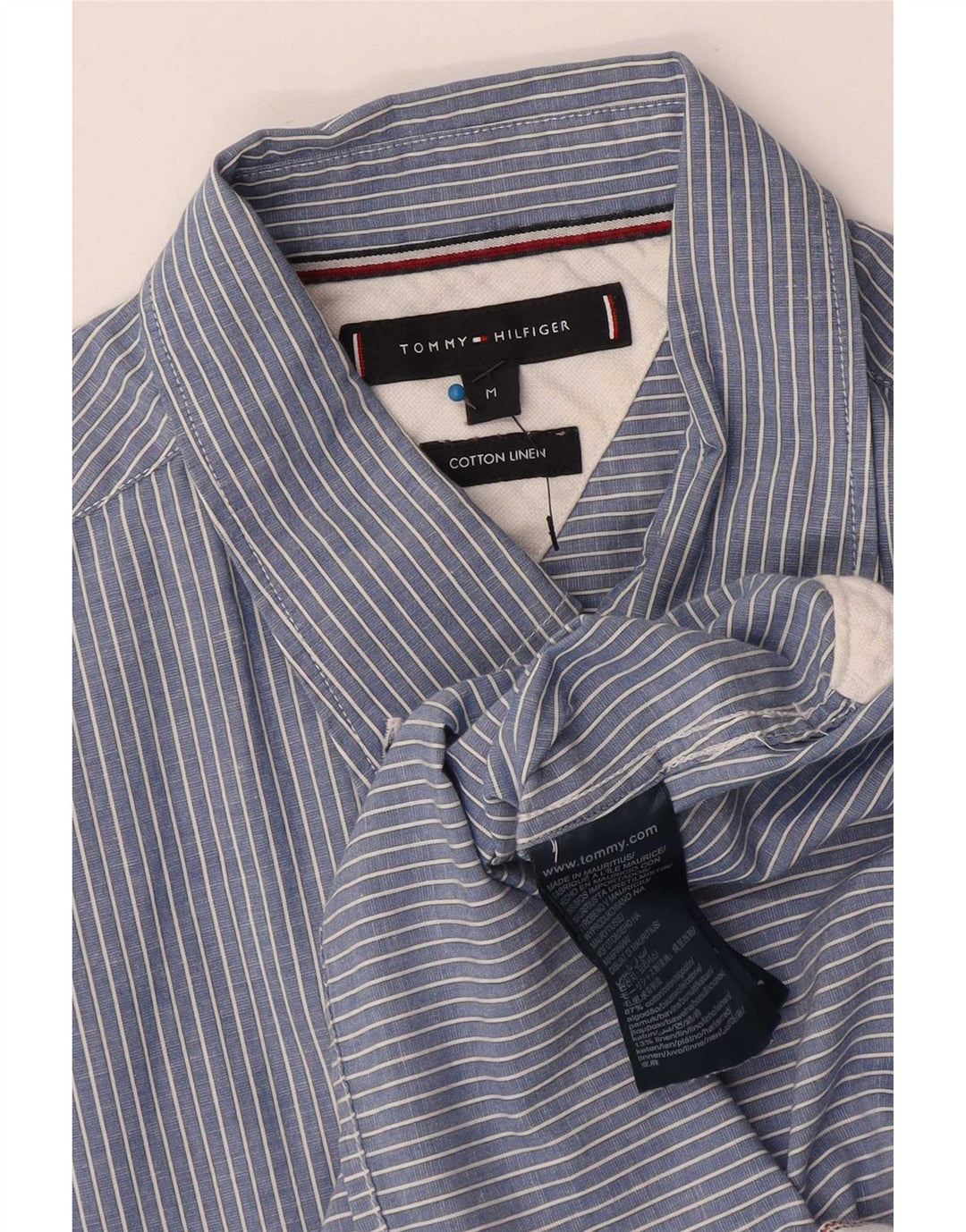 Tommy Hilfiger Мужская рубашка с коротким рукавом из хлопка среднего синего цвета в тонкую полоску