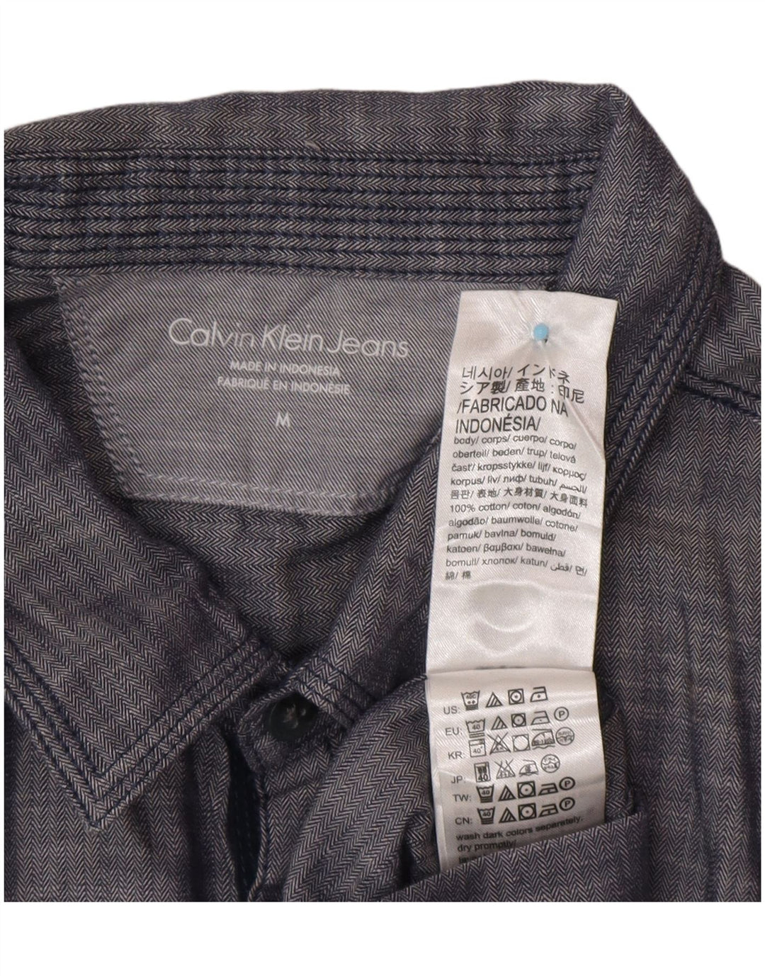 CALVIN KLEIN JEANS Мужская рубашка с коротким рукавом среднего размера, темно-синяя, с узором «елочка»