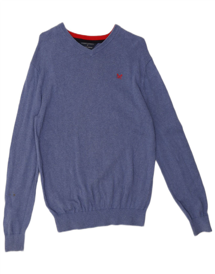 Crew Clothing Мужской джемпер с v-образным вырезом, свитер среднего синего цвета, хлопок
