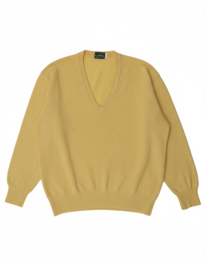 VINTAGE Mens V-Neck Jumper Sweater IT 52 Large Yellow Wool