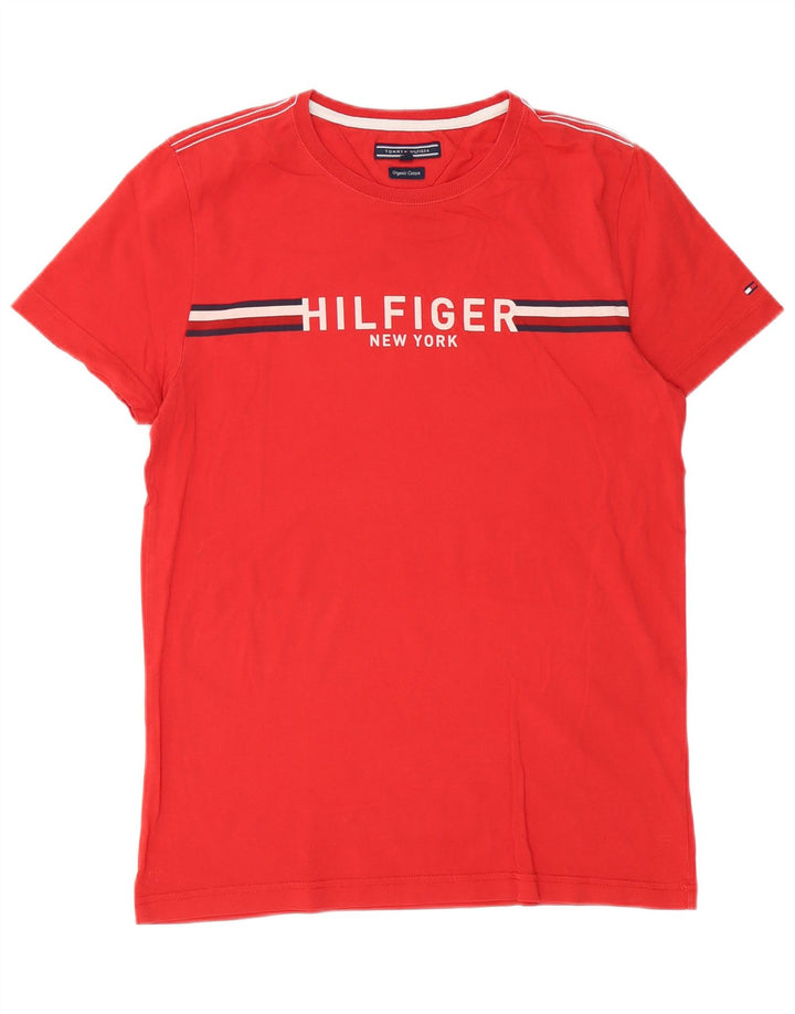 Мужская футболка с рисунком Tommy Hilfiger, хлопковый топ среднего красного цвета