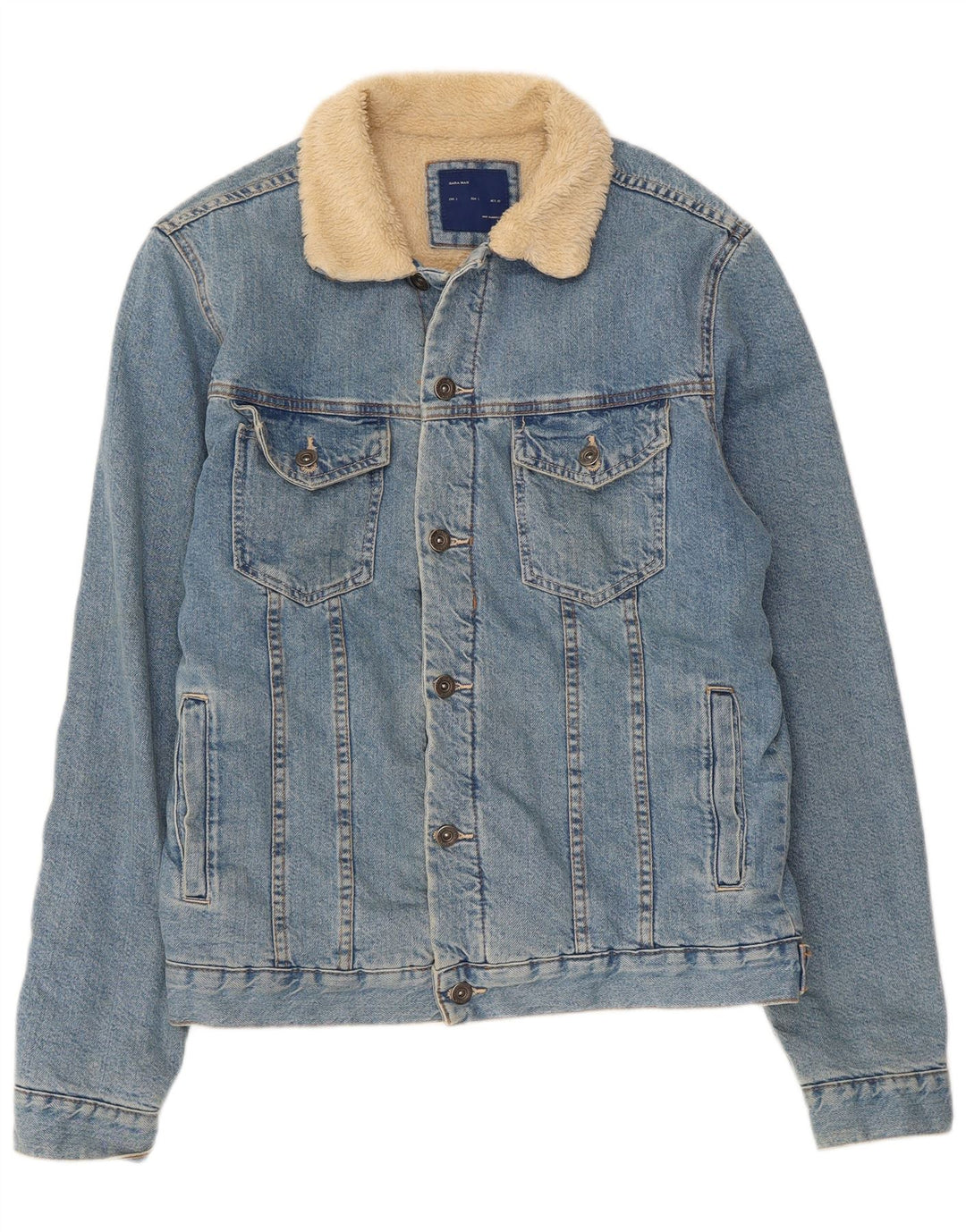 Мужская джинсовая куртка из шерпа Zara UK 40, большая синяя хлопковая ткань