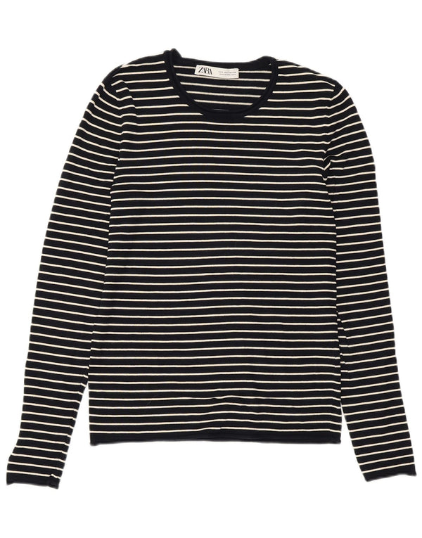 ZARA Womens Crew Neck Jumper Sweater UK 14 Large Navy Blue Striped Viscose