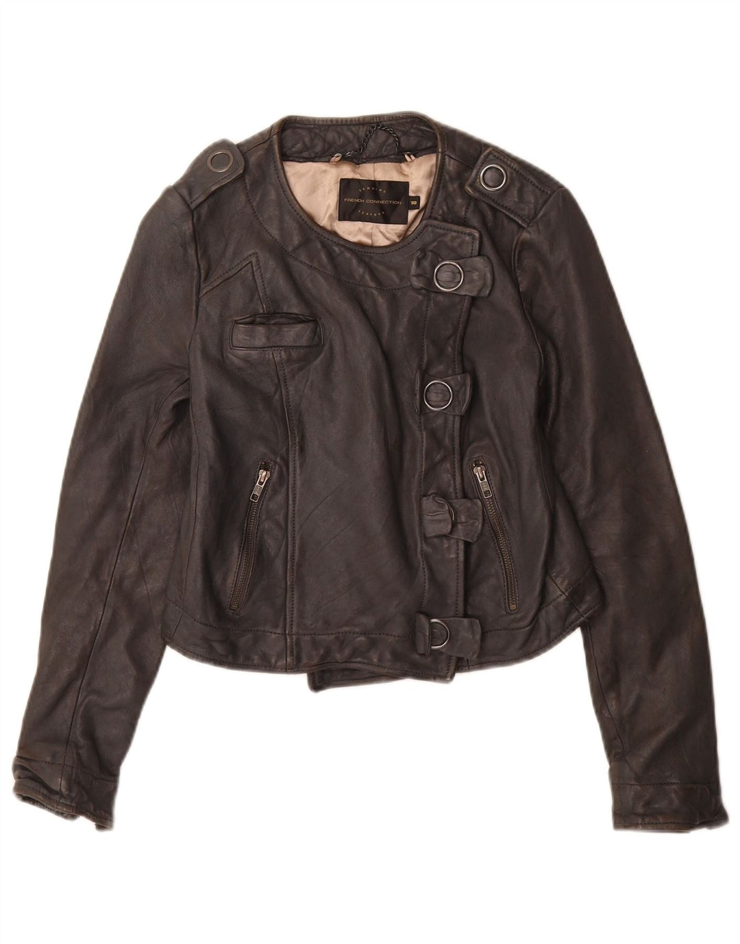 Женская укороченная куртка в стиле милитари French Connection UK 10, маленькая, черная кожаная