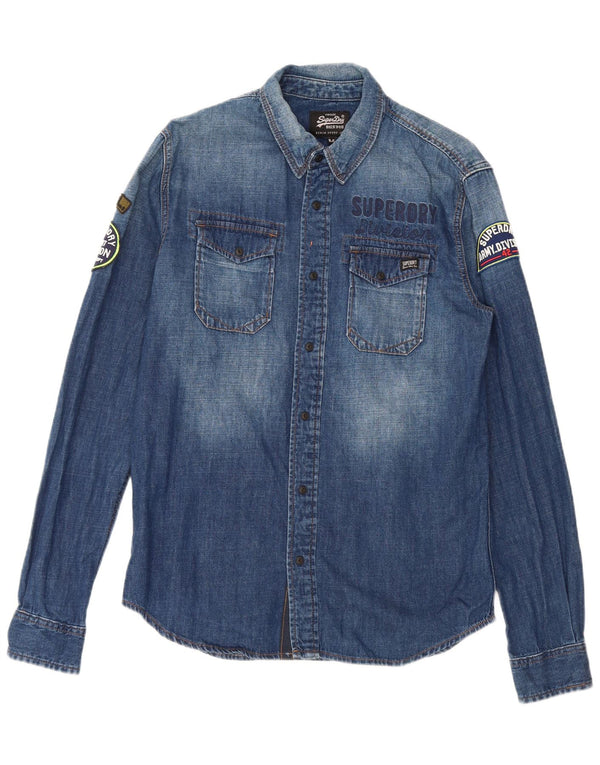 Мужская джинсовая рубашка Superdry с рисунком, хлопок среднего синего цвета