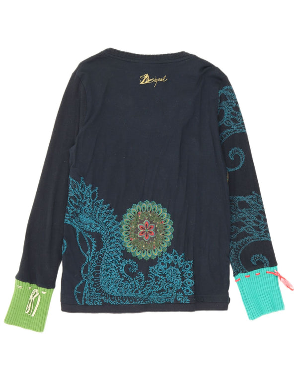 Женский топ Desigual с длинным рукавом и рисунком, UK 18 XL, темно-синий, хлопок с цветочным принтом
