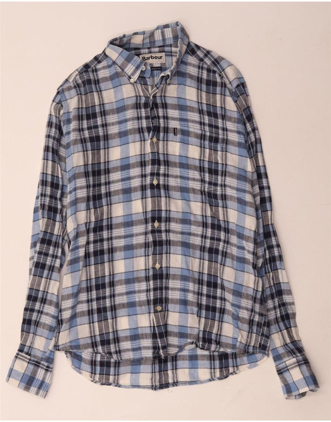 Мужская рубашка индивидуального кроя BARBOUR, льняная синяя клетка среднего размера
