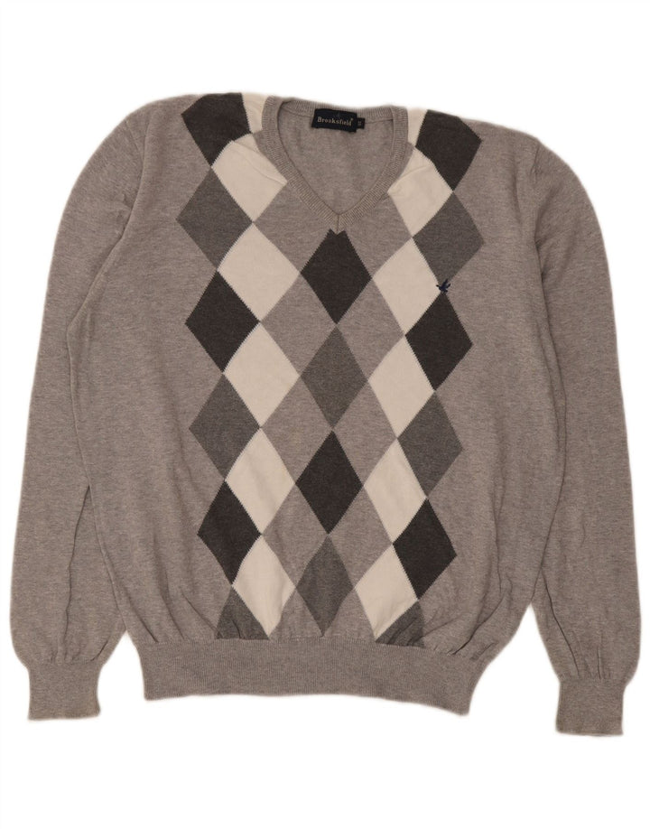 Мужской джемпер с v-образным вырезом Brooksfield IT 50 Medium Grey Argyle/Diamond