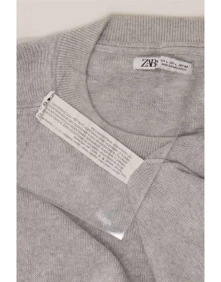 Мужской джемпер с круглым вырезом Zara, большой серый хлопковый свитер