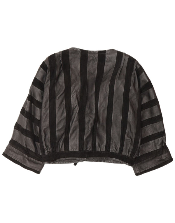 Винтажная женская кожаная куртка-бомбер UK 14, кожаная в черную полоску среднего размера