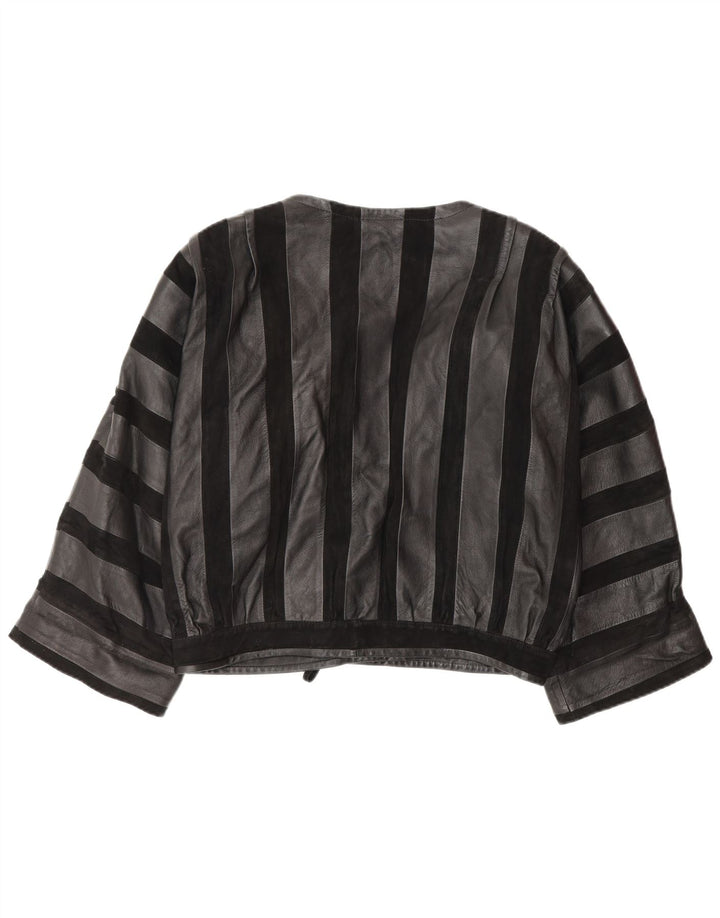 Винтажная женская кожаная куртка-бомбер UK 14, кожаная в черную полоску среднего размера