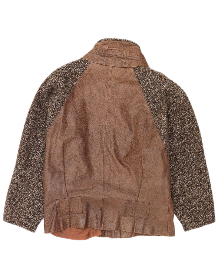 Винтажный женский кожаный бомбер UK 16, большой коричневый кожаный с цветными блоками