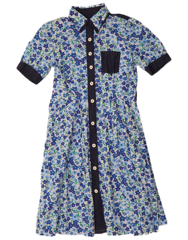 Женское платье-рубашка с короткими рукавами Benetton UK 14, хлопок среднего синего цвета с цветочным принтом