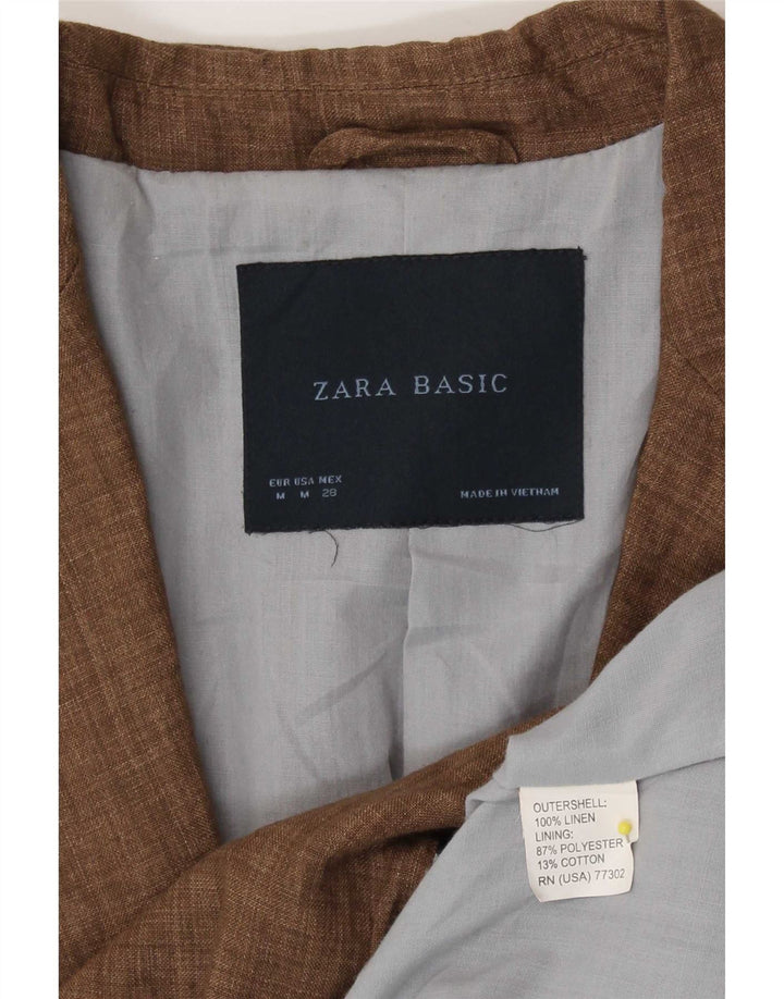 Женский пиджак на 1 пуговице Zara UK 14, льняной средний коричневый цвет