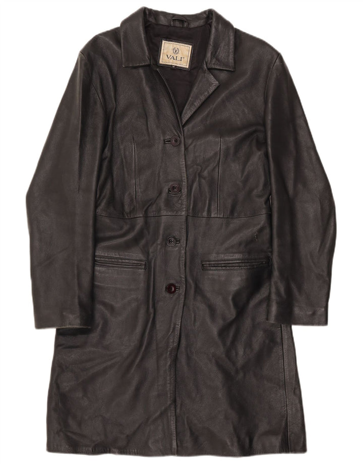 Винтажное женское кожаное пальто UK 12, среднее черное кожаное пальто