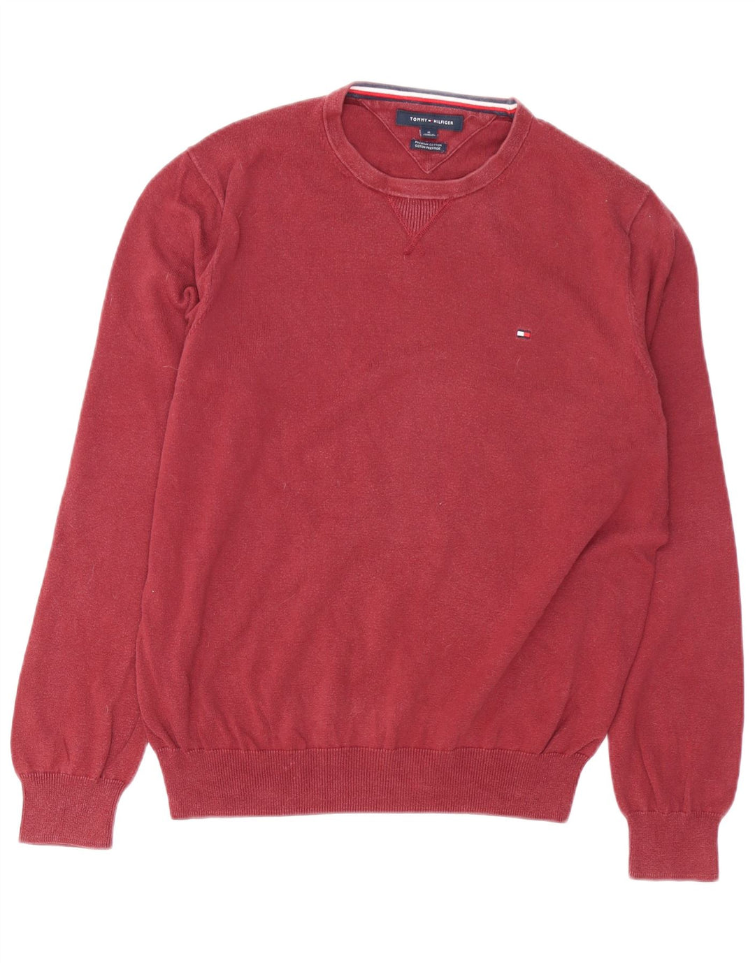 Мужской джемпер с круглым вырезом TOMMY HILFIGER, темно-бордовый хлопковый свитер среднего размера