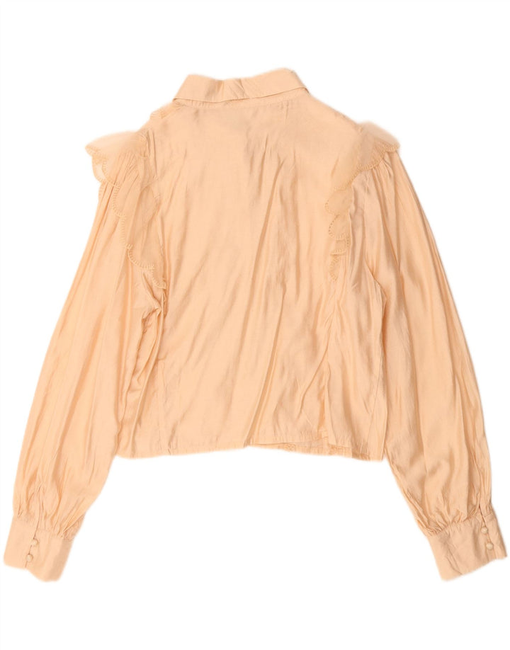 Винтажная женская укороченная блузка-рубашка с рюшами спереди, Великобритания 14, средний бежевый вискозный цвет
